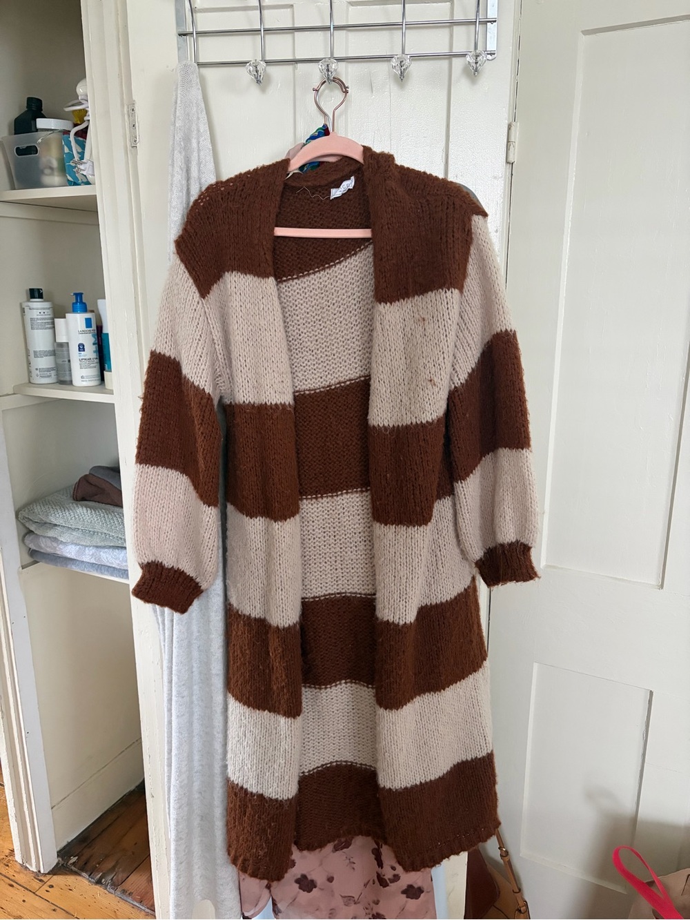 Striped Open-Front Women's Cardigan in Brown and Cream